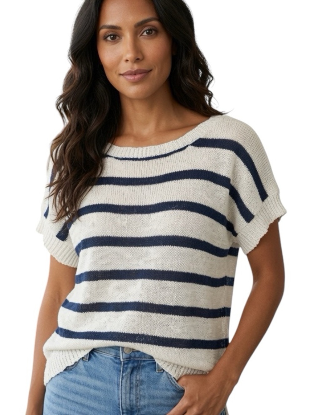 ROMEO & JULIET COUTURE: White & Navy Blue Striped Short Sleeve Sweater -Size Med